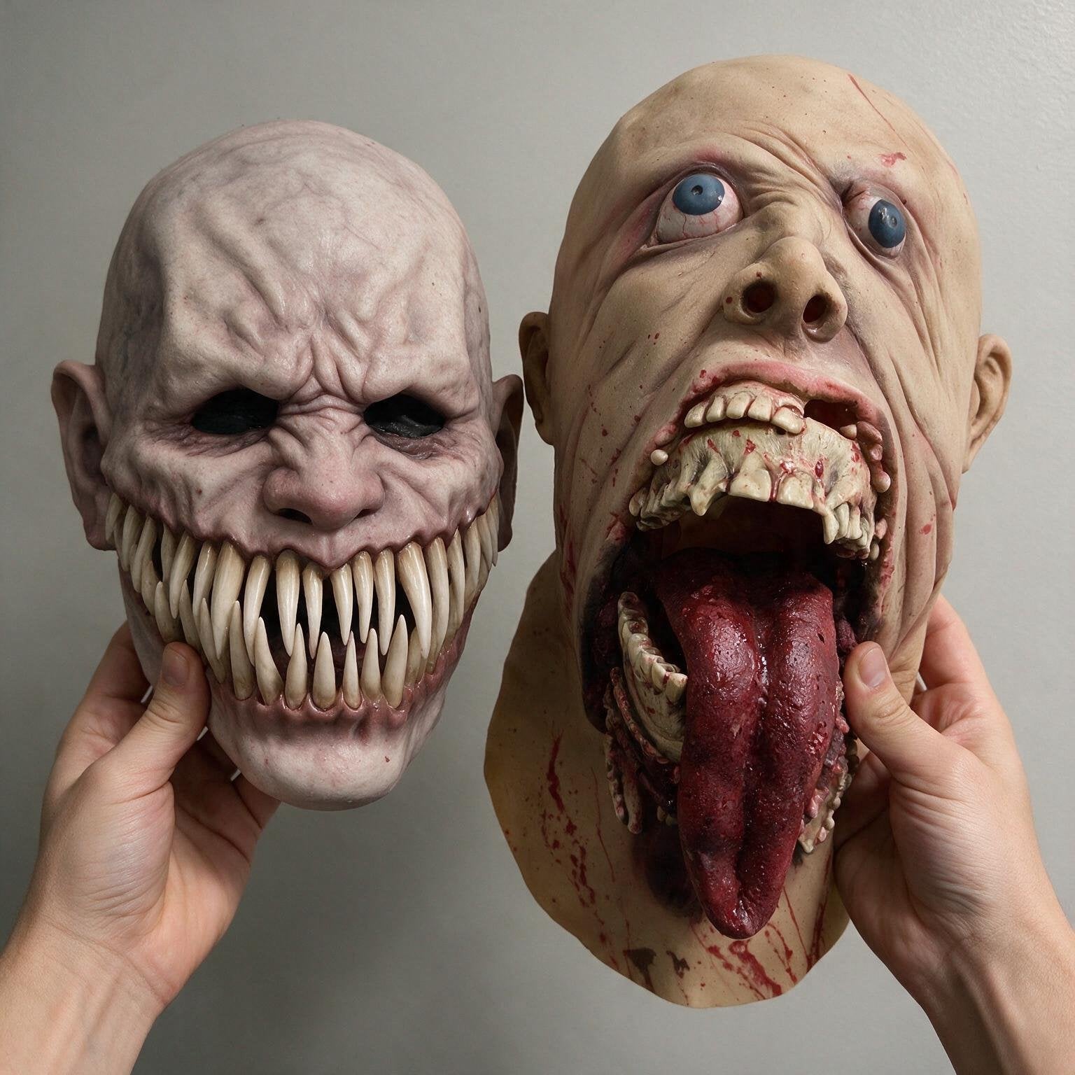 Gagtooth and Blurp Charlie masks held by hand showing latex material