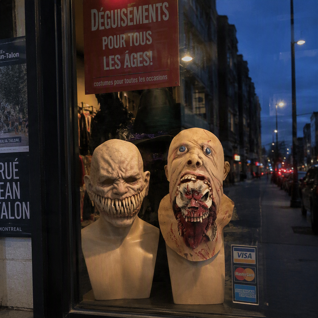 Gagtooth and Blurp Charlie masks in costume shop window
