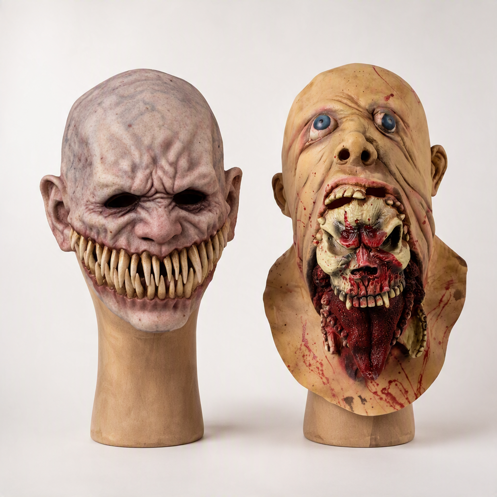 Gagtooth and Blurp Charlie masks on wooden mannequin busts