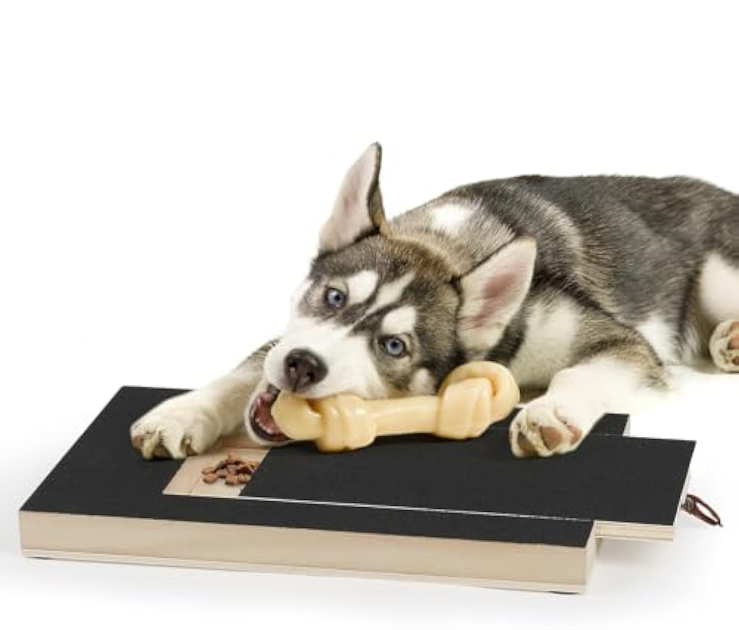 Wooden dog nail scratch board with treat drawer open and treats visible